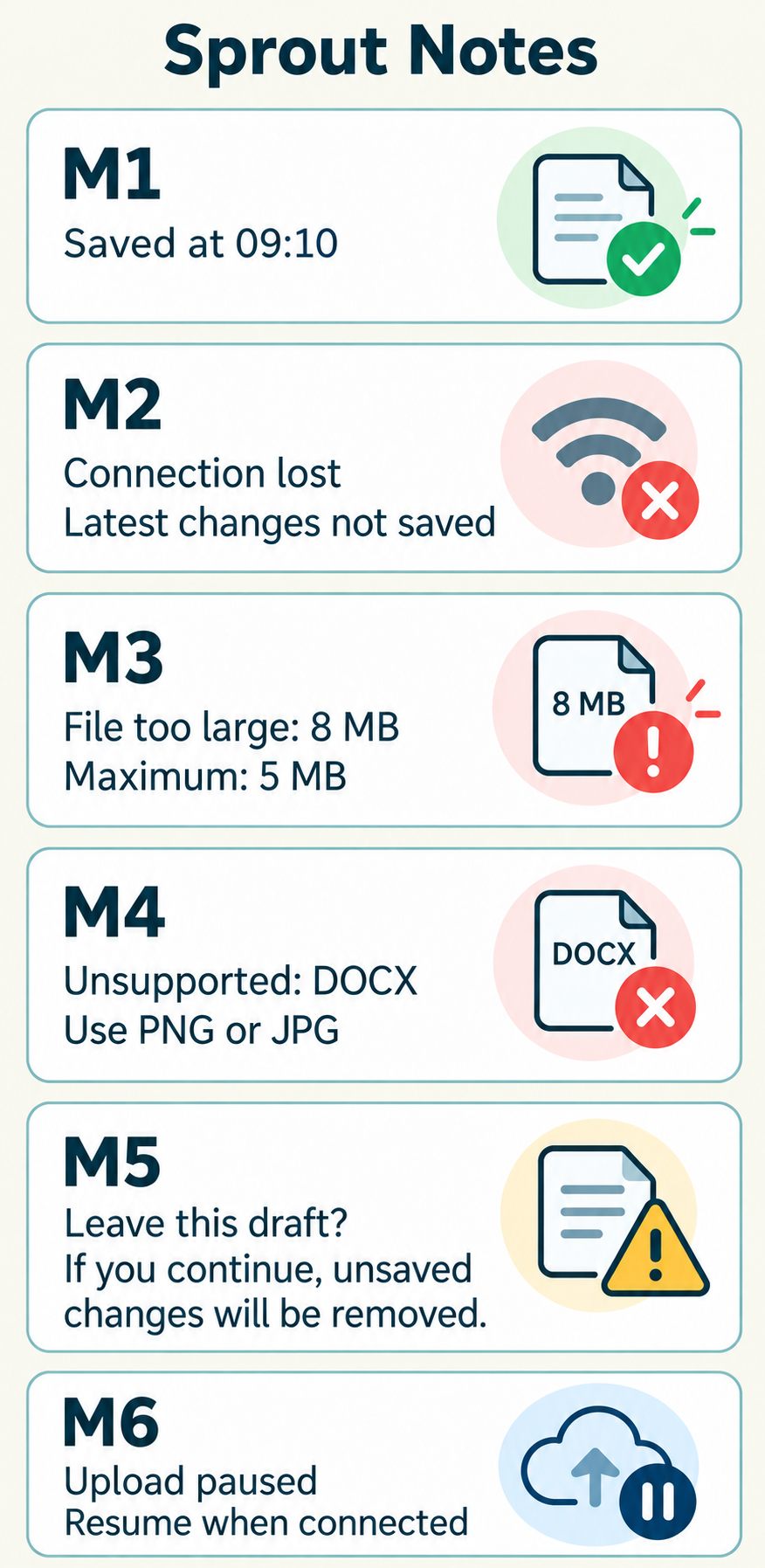 Six large Sprout Notes message panels M1–M6. M5 explicitly warns that continuing will remove unsaved changes; it does not report a completed deletion. The full message text is selectable.