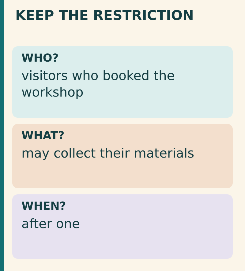 Keep the restriction. Text equivalent: WHO?: visitors who booked the workshop; WHAT?: may collect their materials; WHEN?: after one.