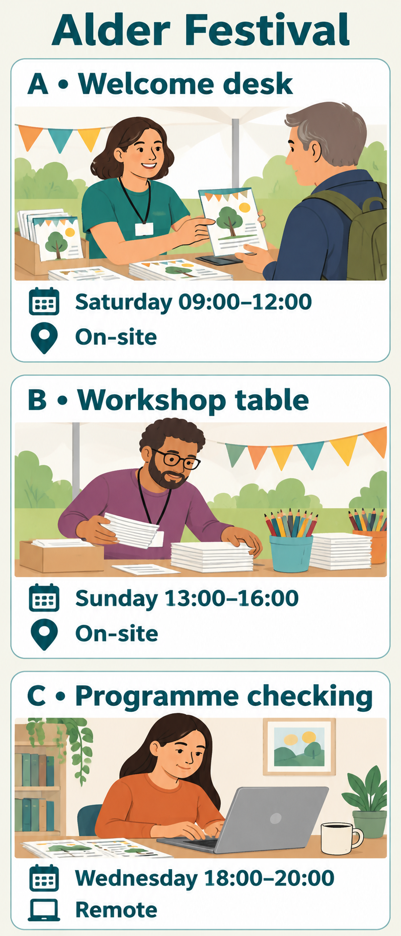 Three illustrated Alder Festival roles: A welcome desk on Saturday 09:00–12:00 on-site, B workshop table on Sunday 13:00–16:00 on-site, and C programme checking on Wednesday 18:00–20:00 remotely. No profiles are matched.