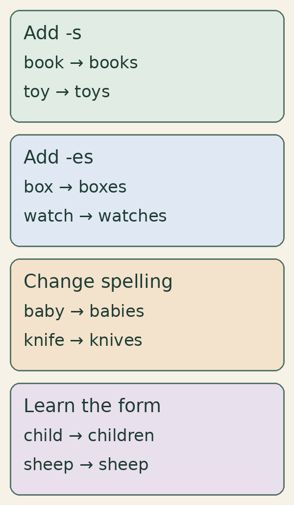 Four panels show adding -s, adding -es, changing spelling, and learning irregular or unchanged plural forms.