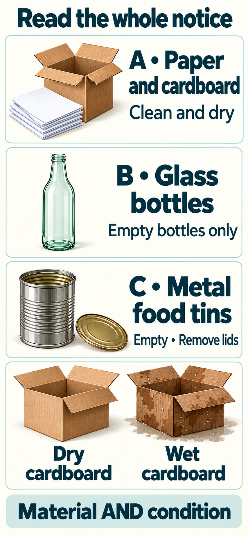Illustrated Oak Court material cards for clean dry paper and cardboard, empty glass bottles and empty metal food tins with lids removed, followed by a dry-versus-wet cardboard comparison. Full fictional notices remain selectable.