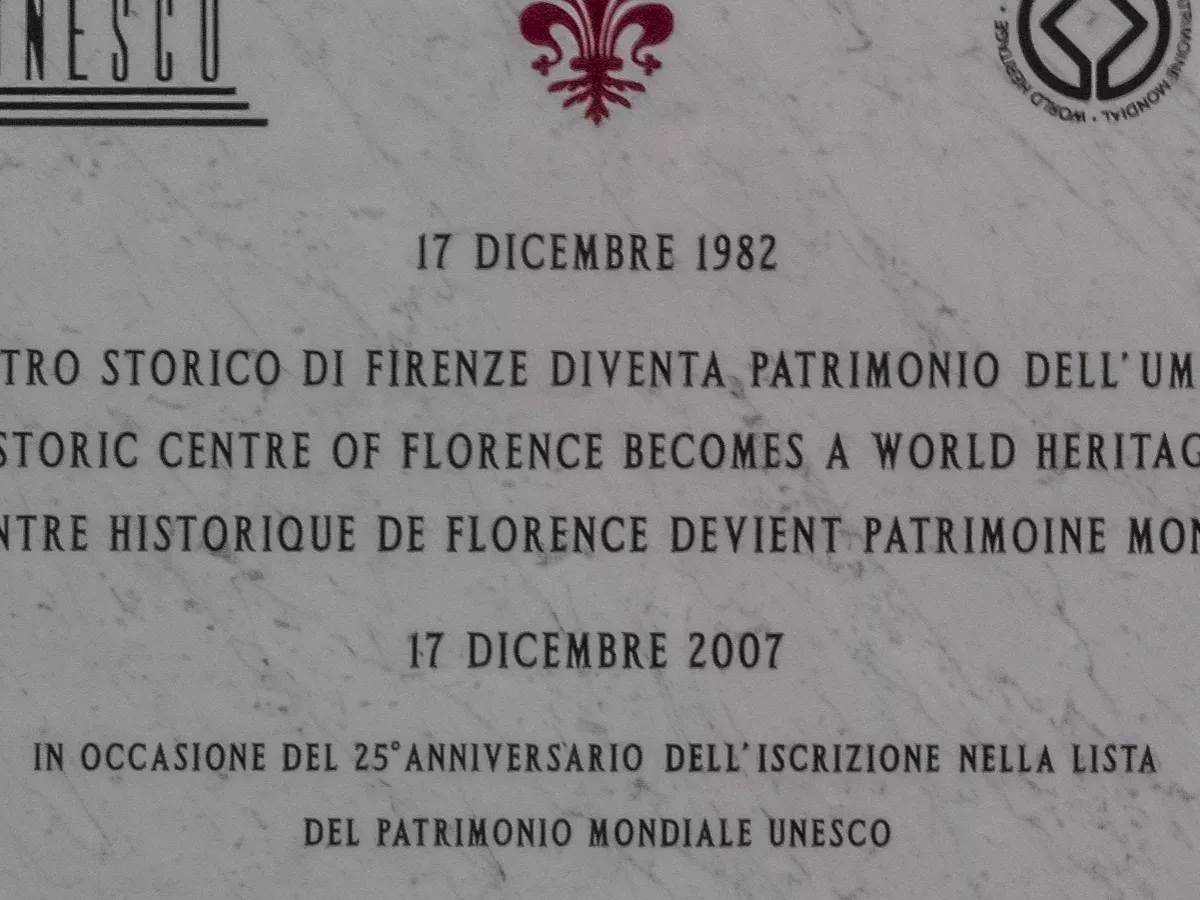 Representative image: Florence, Italy: Memorial plaque to the inscription of the historic center of Florence as World Heritage Site on December 17, 1982. Donated on occasion of the 25th anniversary December 17, 2007