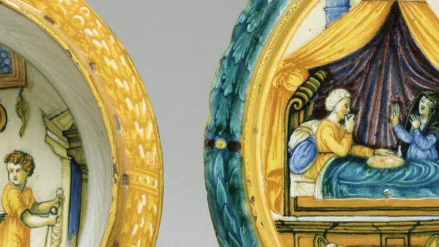 Representative image: This soup bowl and tray were part of a multi-vessel stacking set that was gifted to a woman at childbirth, celebrating the birth--so important to the woman's status in the family--and her own health. The exteriors are pa