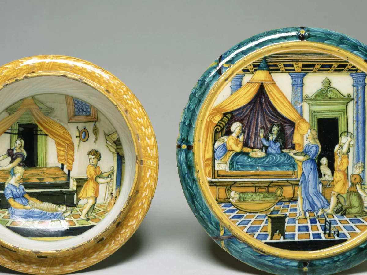 Representative image: This soup bowl and tray were part of a multi-vessel stacking set that was gifted to a woman at childbirth, celebrating the birth--so important to the woman's status in the family--and her own health. The exteriors are pa