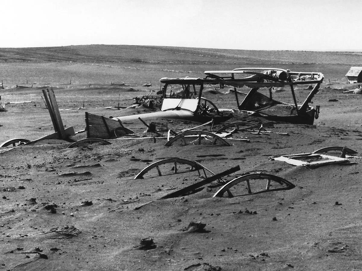 Representative image: Buried machinery in barn lot in Dallas, South Dakota, United States during the Dust Bowl, an agricultural, ecological, and economic disaster in the Great Plains region of North America in 1936