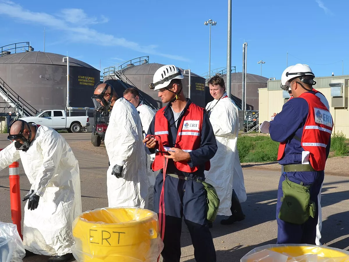 Representative image: The Emergency Response Team (ERT) is evaluated during an exercise drill featuring a container of acid that has leaked. The ERT contain the spill and don appropriate personal protective equipment as part of their training