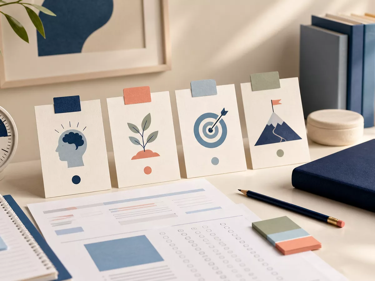 A calm exam preparation desk with four visual study steps, a timer, notebooks, and organised practice papers.
