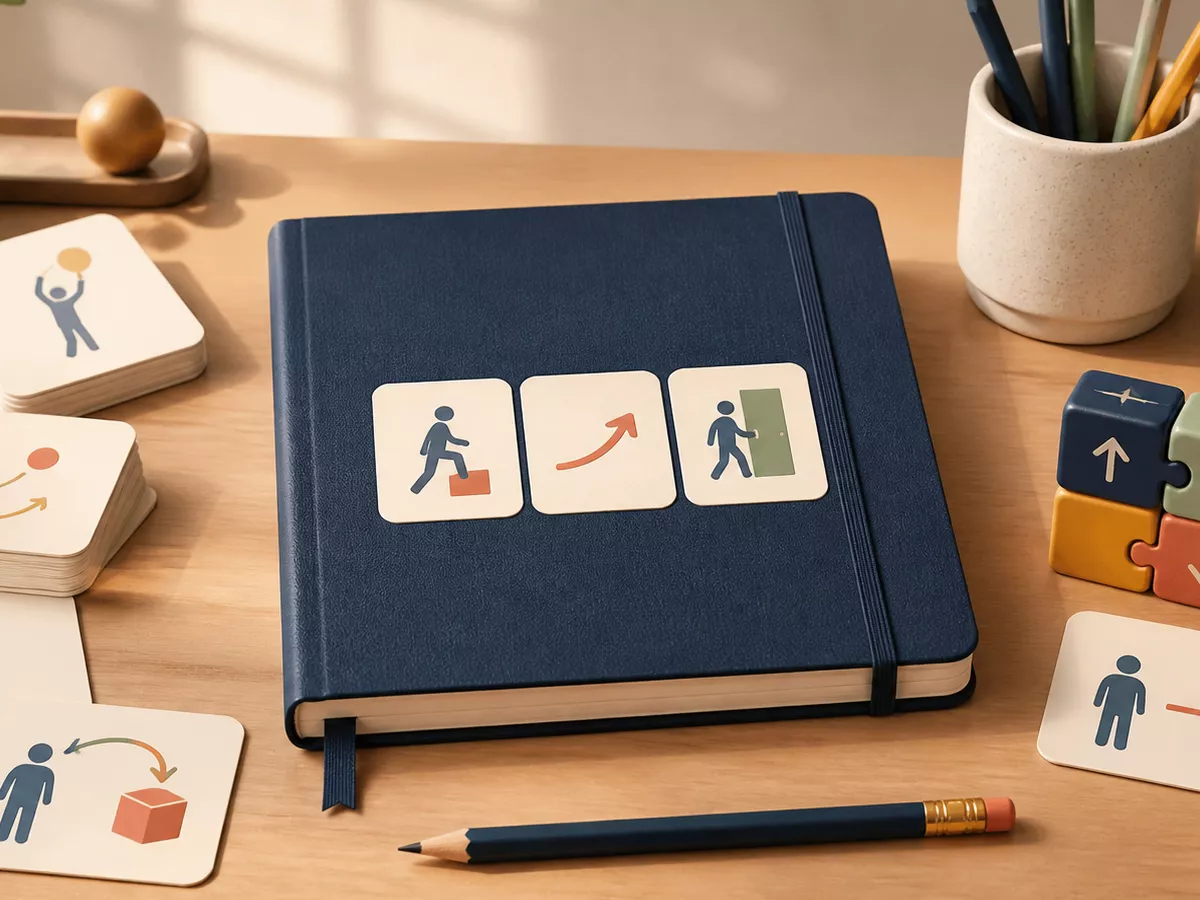 A warm study desk with a navy notebook, illustrated action cards, arrows, and colourful blocks representing English phrasal verbs.
