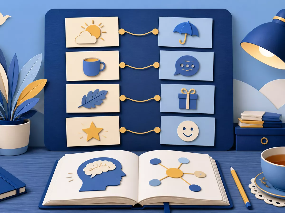 A polished blue study desk with paired vocabulary cards, linking lines, an open notebook, and warm yellow accents representing English collocations.