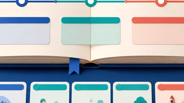 A polished grammar study desk with an open notebook, a past-present-future timeline, a clock, a calendar, and colour-coded tense cards.