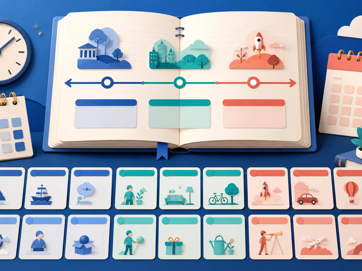 A polished grammar study desk with an open notebook, a past-present-future timeline, a clock, a calendar, and colour-coded tense cards.
