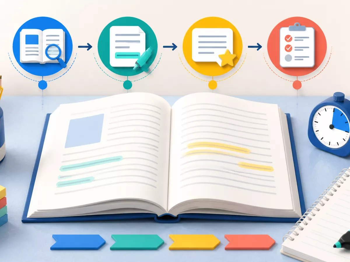 An open reading book with highlighted passages, a timer, study stationery, and a visual path from preview to evidence to answers.