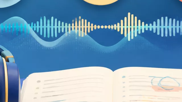 Modern over-ear headphones, a listening notebook, a timer, and colorful sound-wave steps on a focused English study desk.