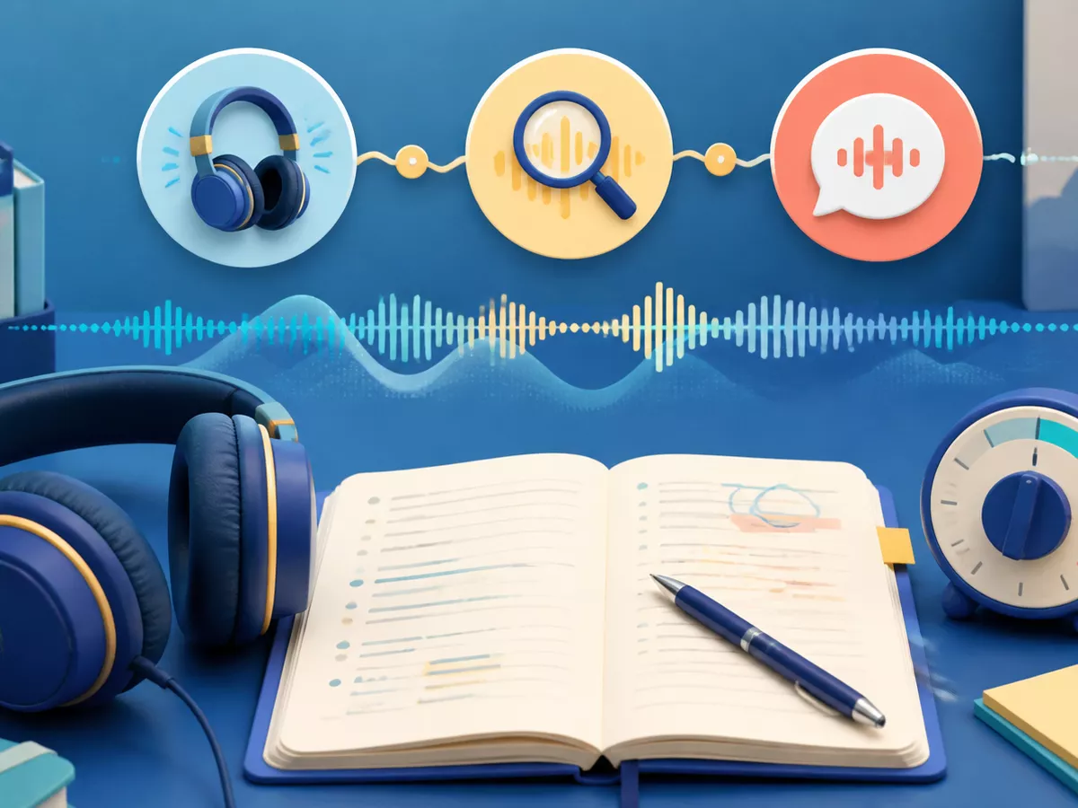 Modern over-ear headphones, a listening notebook, a timer, and colorful sound-wave steps on a focused English study desk.