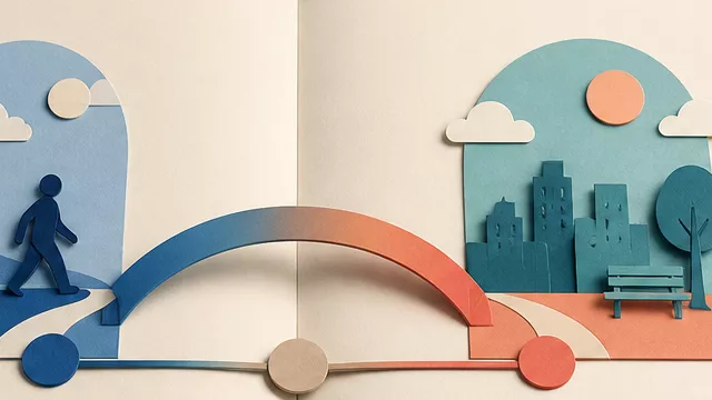 An open grammar notebook connecting past and present scenes with a bridge, a clock, and a calendar on a blue study desk.