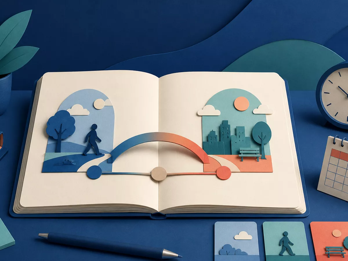 An open grammar notebook connecting past and present scenes with a bridge, a clock, and a calendar on a blue study desk.