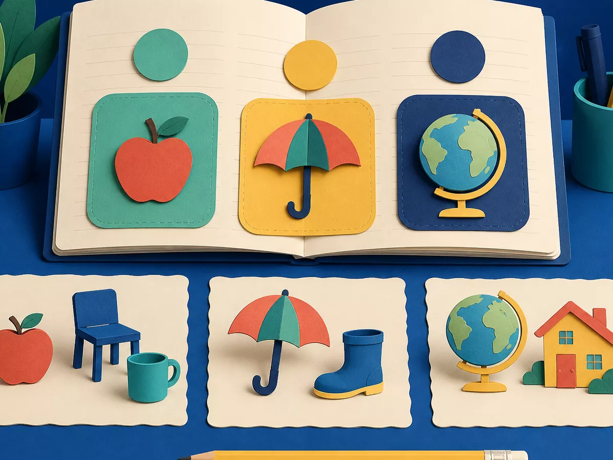 An open grammar notebook with three distinct object cards for learning English articles on a blue study desk.
