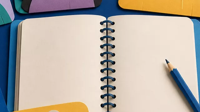 A colorful collection of diverse paper-cut portrait cards around an open vocabulary notebook.