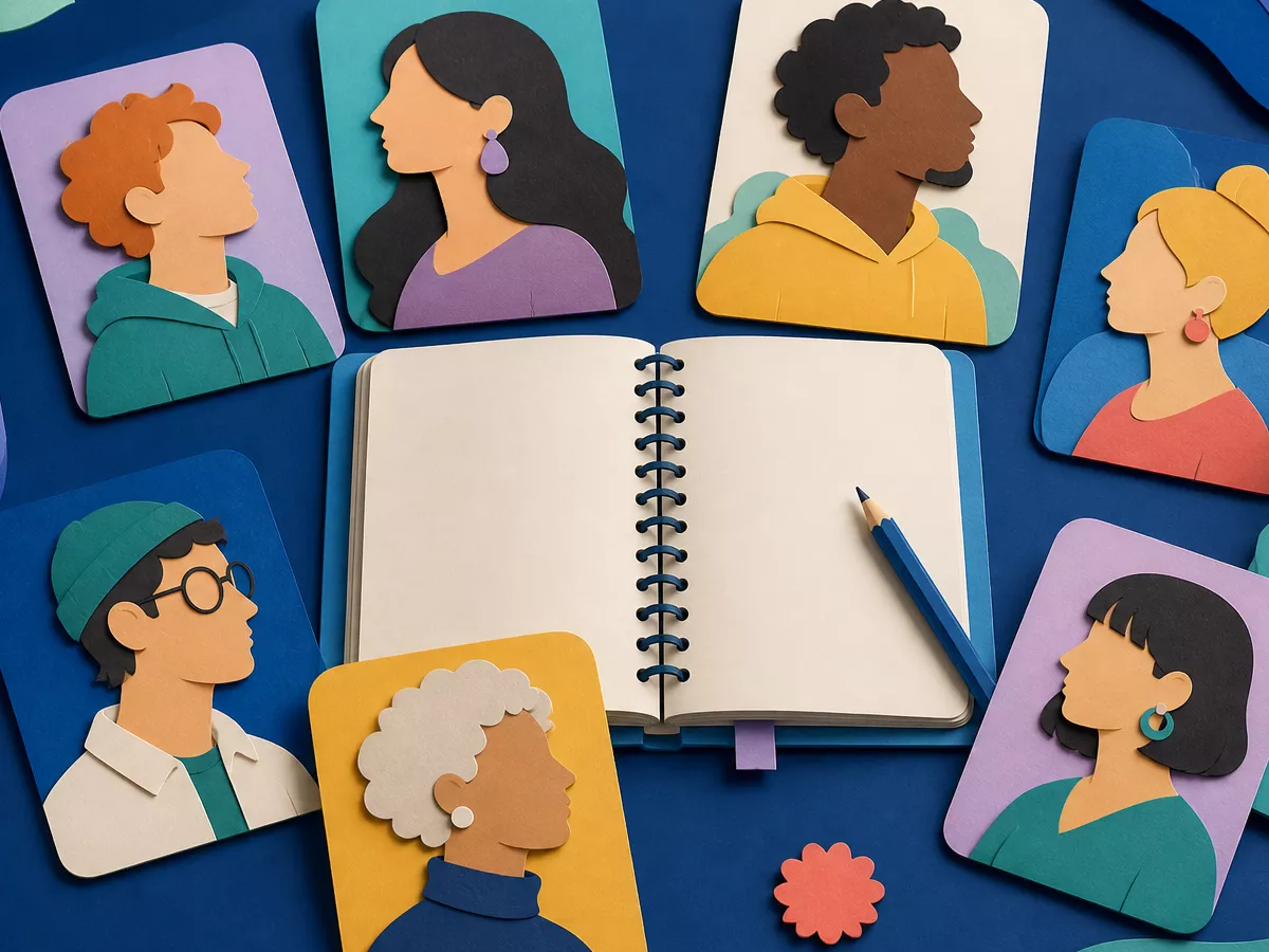 A colorful collection of diverse paper-cut portrait cards around an open vocabulary notebook.