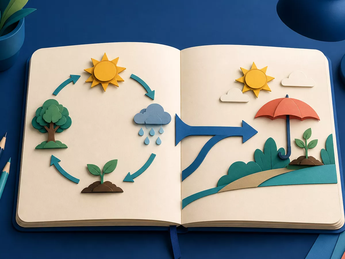 An open grammar notebook showing a circular cause-and-result path alongside a future possibility path with arrows.