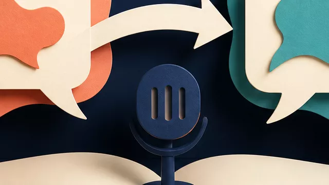 Two abstract speech cards connected by an arrow above an open grammar notebook and desk microphone.