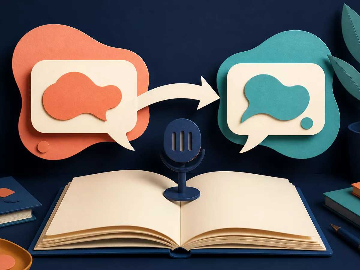 Two abstract speech cards connected by an arrow above an open grammar notebook and desk microphone.