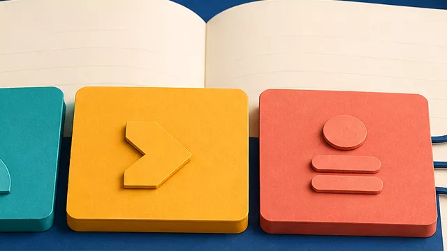 A structured sentence blueprint made from colorful blocks and connected detail cards on an open grammar notebook.