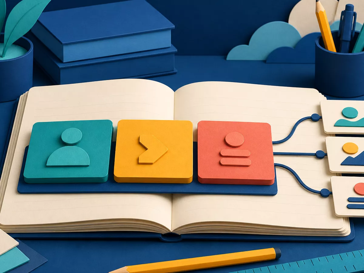 A structured sentence blueprint made from colorful blocks and connected detail cards on an open grammar notebook.