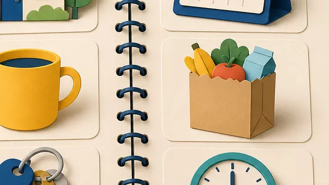 An open everyday vocabulary notebook surrounded by paper-cut cards showing a home, calendar, mug, groceries, keys, clock, and shoes.