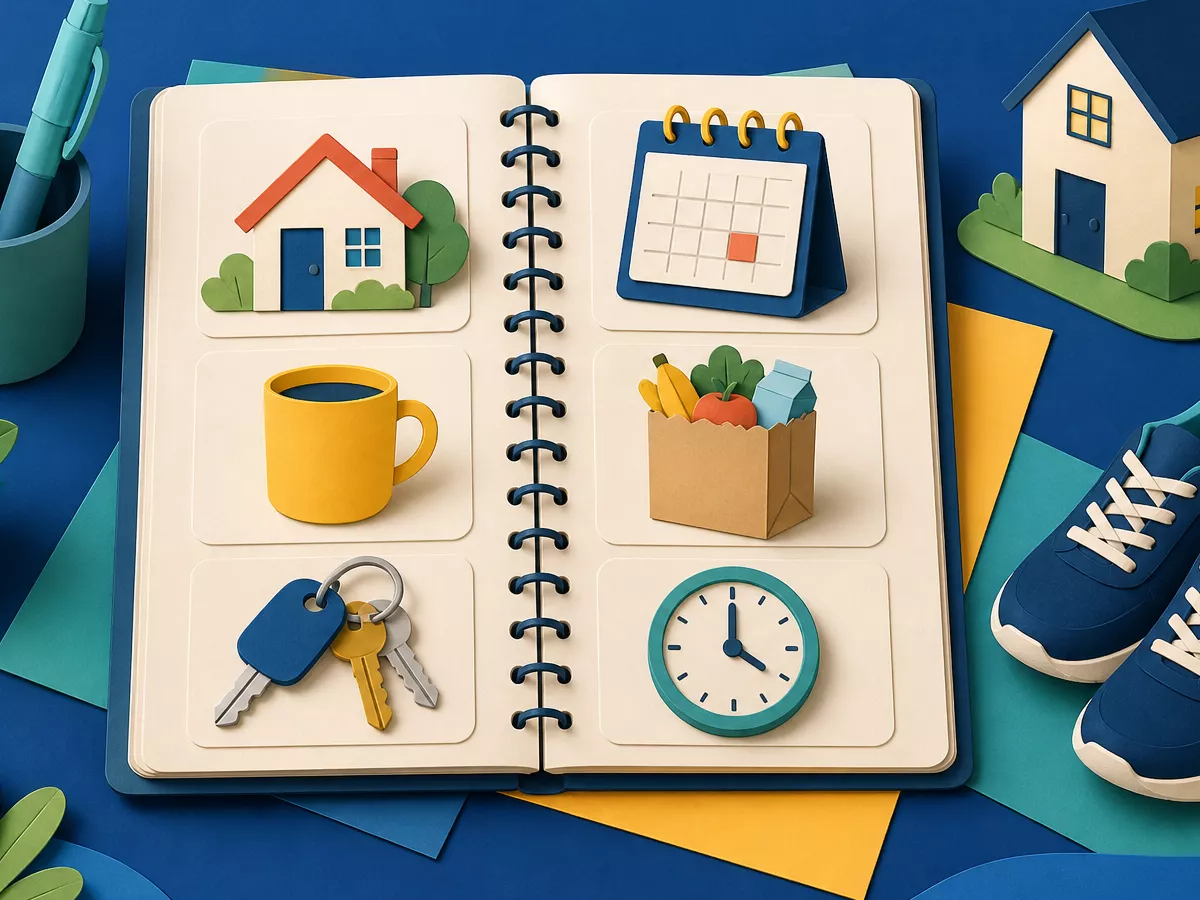 An open everyday vocabulary notebook surrounded by paper-cut cards showing a home, calendar, mug, groceries, keys, clock, and shoes.
