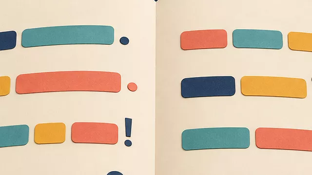 An open grammar notebook with colorful sentence blocks, blank speech bubbles, a calendar, a house, and everyday objects on a navy study desk.