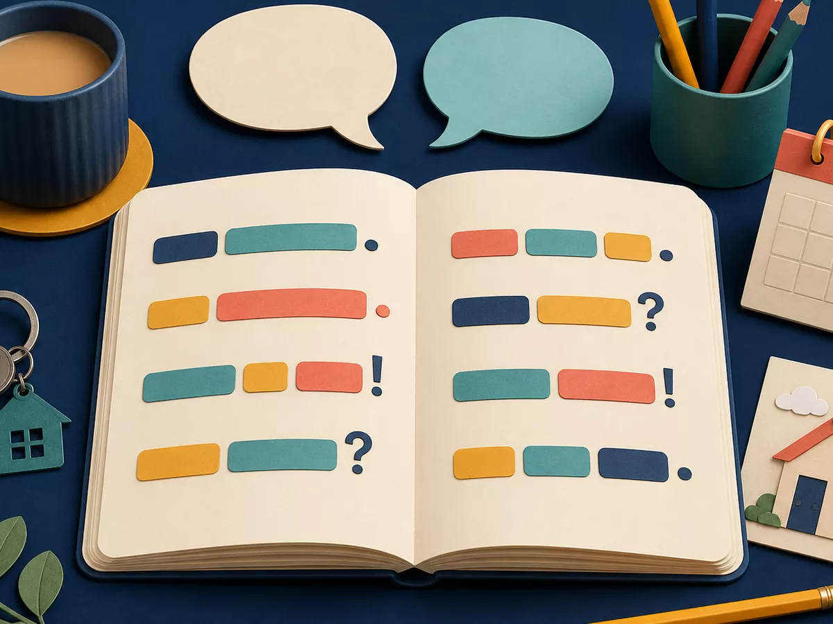 An open grammar notebook with colorful sentence blocks, blank speech bubbles, a calendar, a house, and everyday objects on a navy study desk.