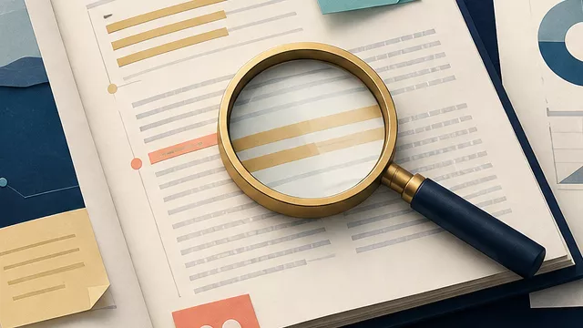 An annotated professional report, evidence chart, magnifying glass, and connected reasoning path representing complex English reading.