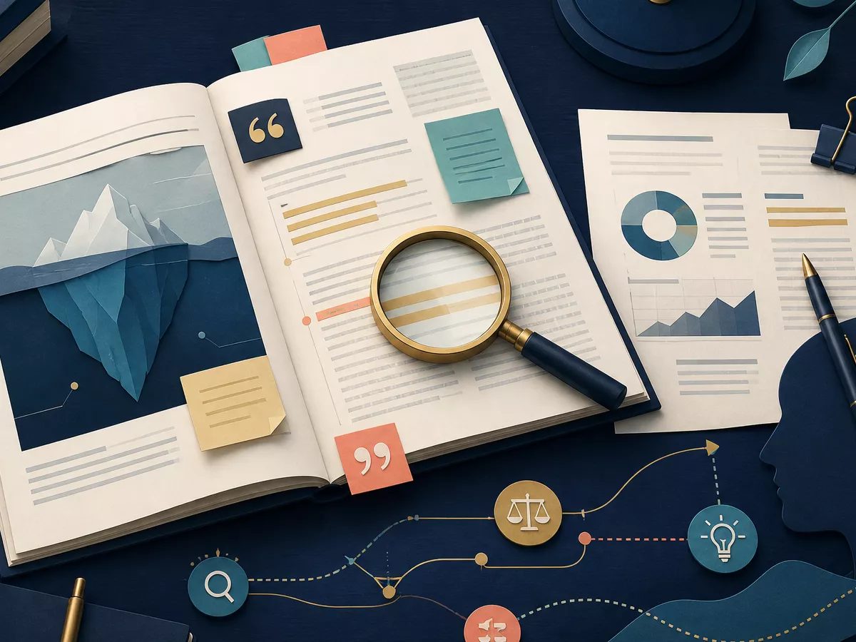 An annotated professional report, evidence chart, magnifying glass, and connected reasoning path representing complex English reading.