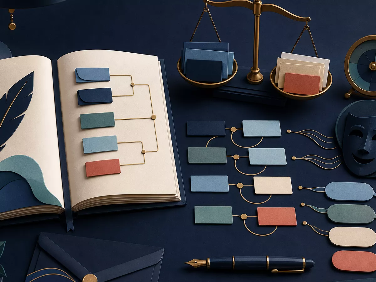 A precision vocabulary desk with paired word cards, a register scale, a tonal dial, a fountain pen, and an idiomatic mask.