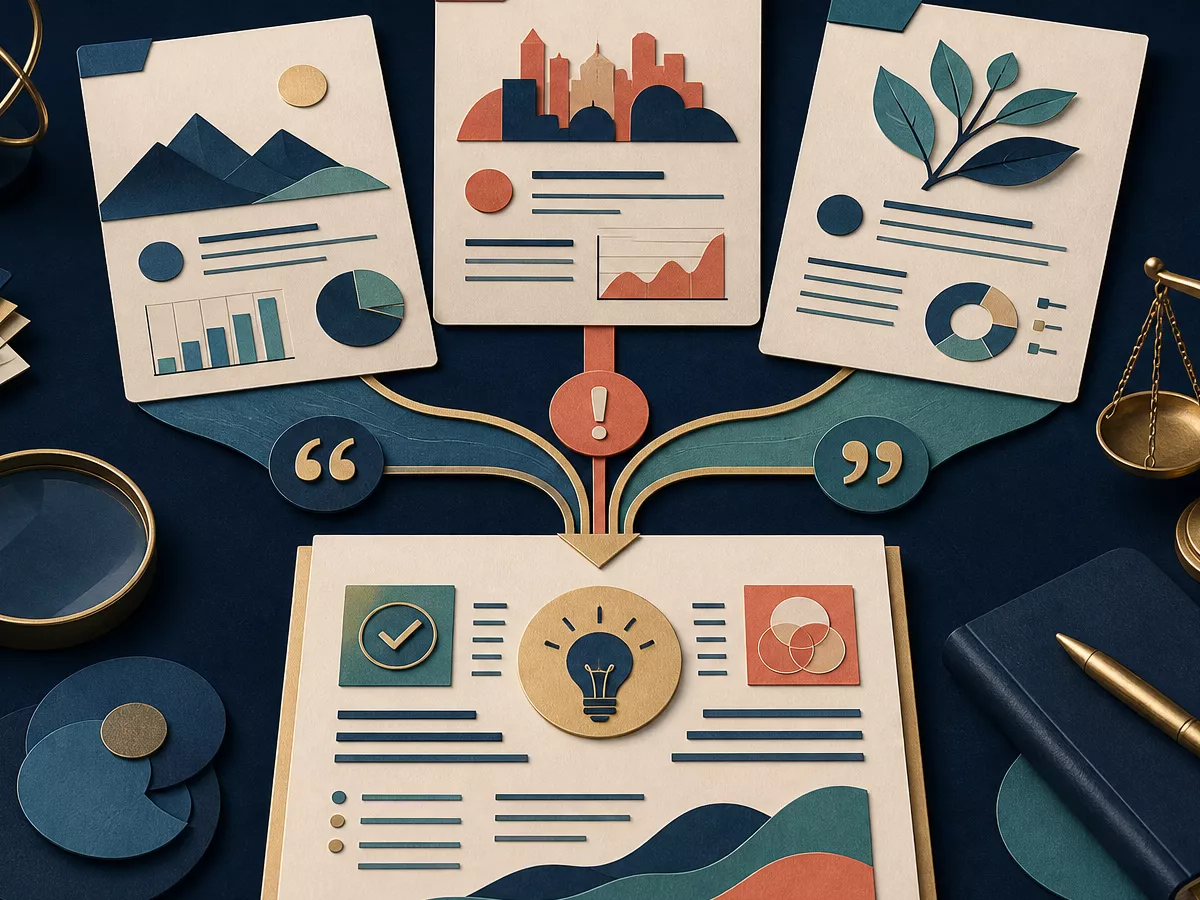 Three research sources converging into a coherent synthesis page with evidence markers and a balance scale.
