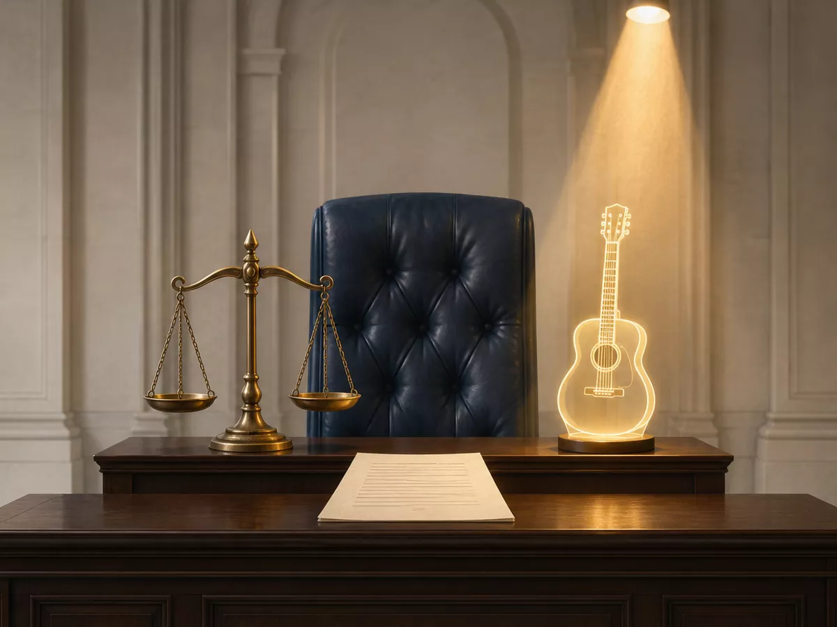 Editorial illustration of a Texas courthouse with legal scales and an illuminated country-music guitar.