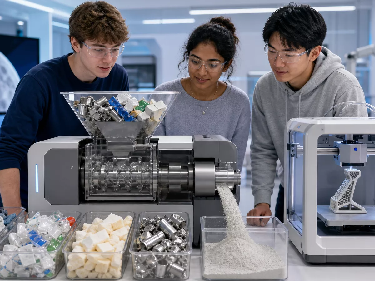 Engineering students observe a prototype that turns mixed mission waste into reusable powder beside a 3D printer.
