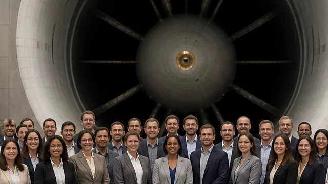 New civil servants gather for a group photo inside a vast aerospace wind-tunnel facility.