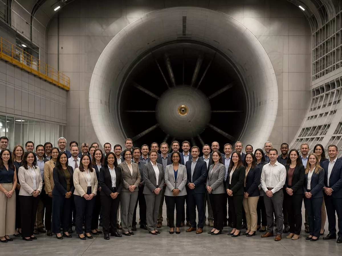 New civil servants gather for a group photo inside a vast aerospace wind-tunnel facility.