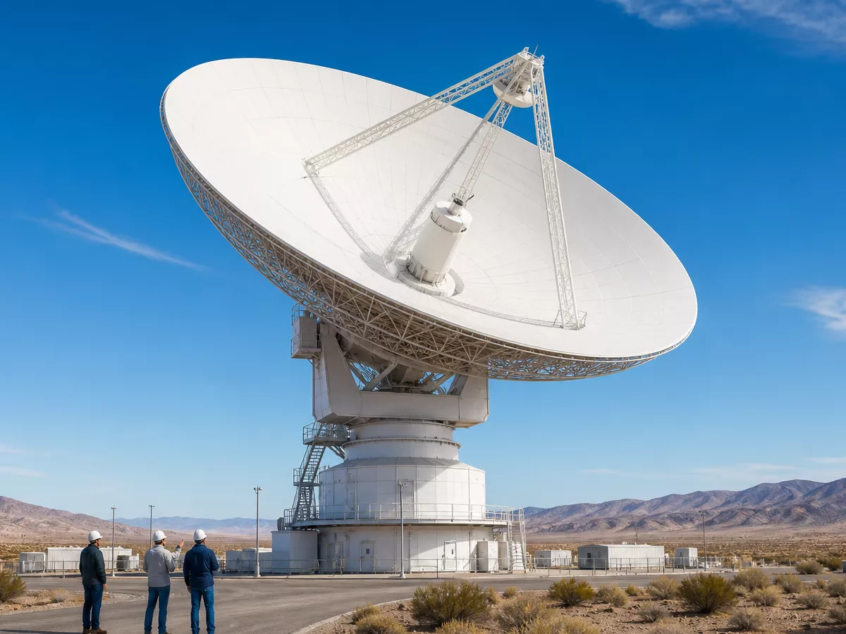 A large deep-space communications antenna stands at a desert research complex in California.