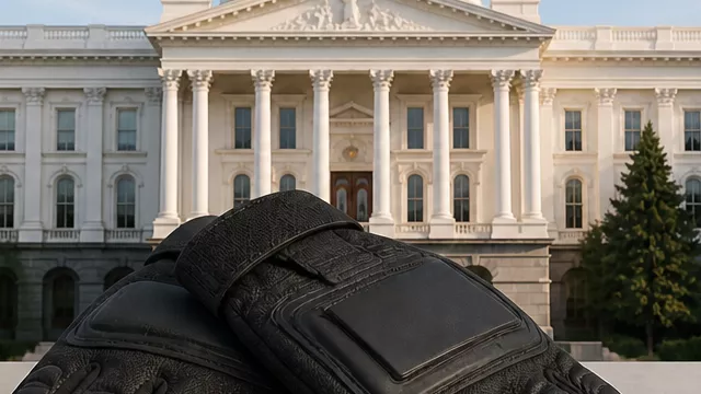 A pair of black protective gloves rests in front of a domed California government building.
