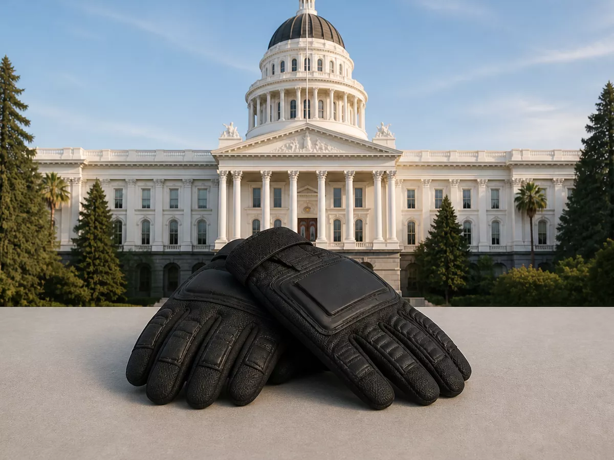 A pair of black protective gloves rests in front of a domed California government building.