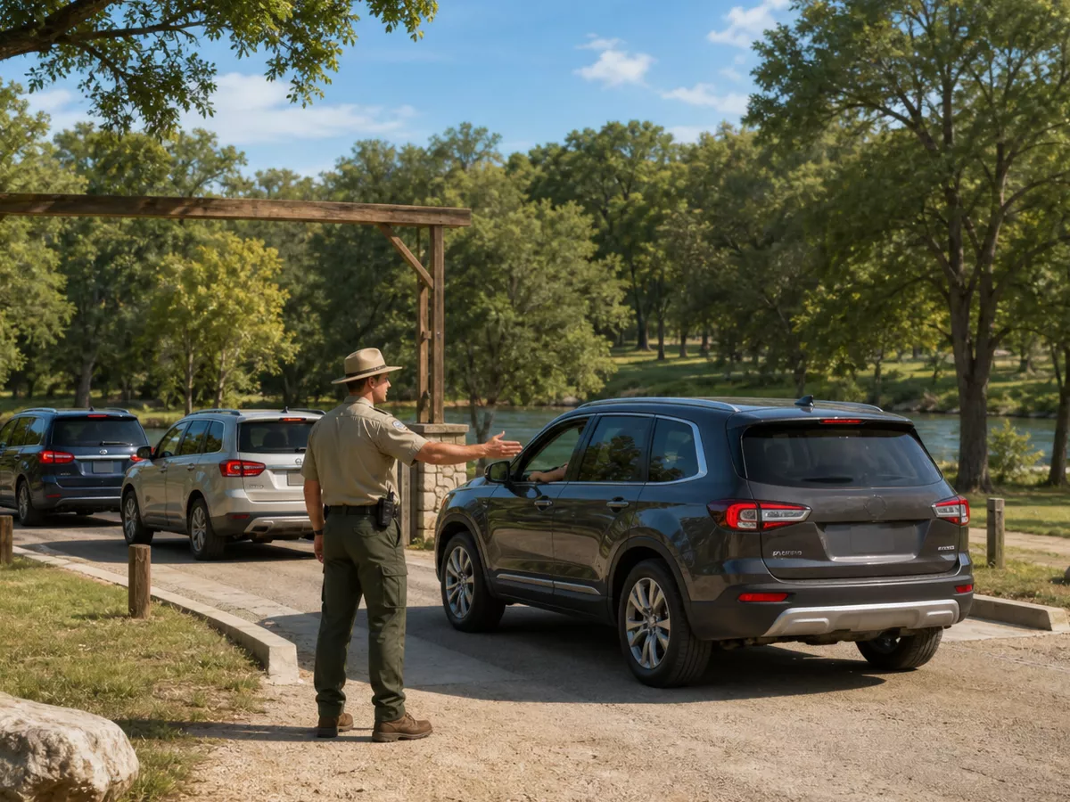 A park ranger directs an orderly line of cars through a green riverside park entrance.