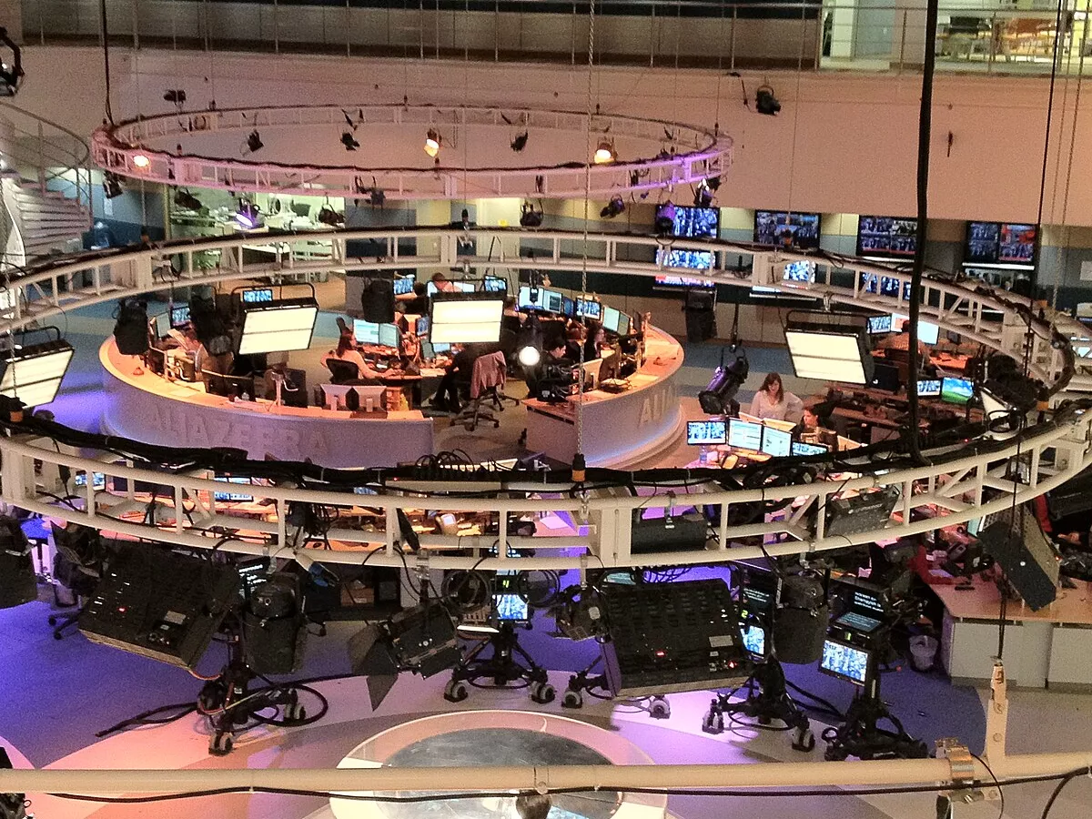 Representative image: Photo from balcony overlooking main television studio from behind presenter's desk in the Doha headquarters.