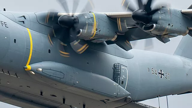 Representative image: German Air Force (Luftwaffe) Airbus A400M (reg. 54+21, s/n 079) flying with an open cargo ramp during a display at the Royal International Air Tattoo 2025.