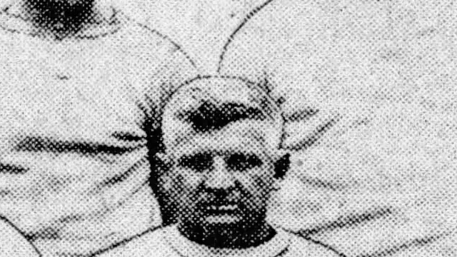 Representative image: Caption text says "Left to right, front row: Nate Cartmell, trainer; Hugo Bezdak, head coach; Glenn Killinger, assistant coach. Back row: Leo Houck, assistant trainer; Ray Baer, assistant coach."