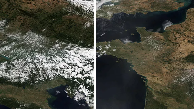 Representative image: Historic heat has baked much of Europe this summer, turning the landscape from green to brown in little over a month. These two images, captured by the NOAA-20 satellite's VIIRS instrument on June 30 and August 6, show t