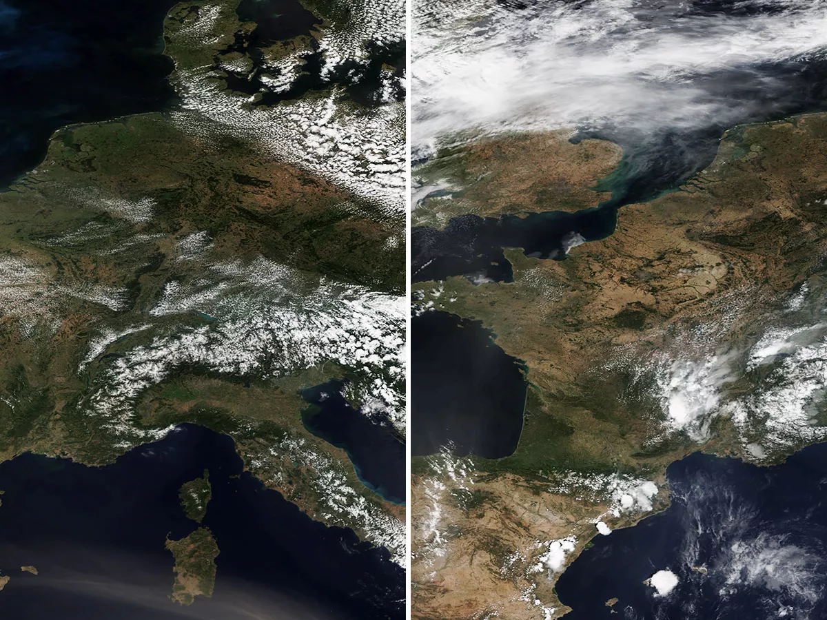 Representative image: Historic heat has baked much of Europe this summer, turning the landscape from green to brown in little over a month. These two images, captured by the NOAA-20 satellite's VIIRS instrument on June 30 and August 6, show t