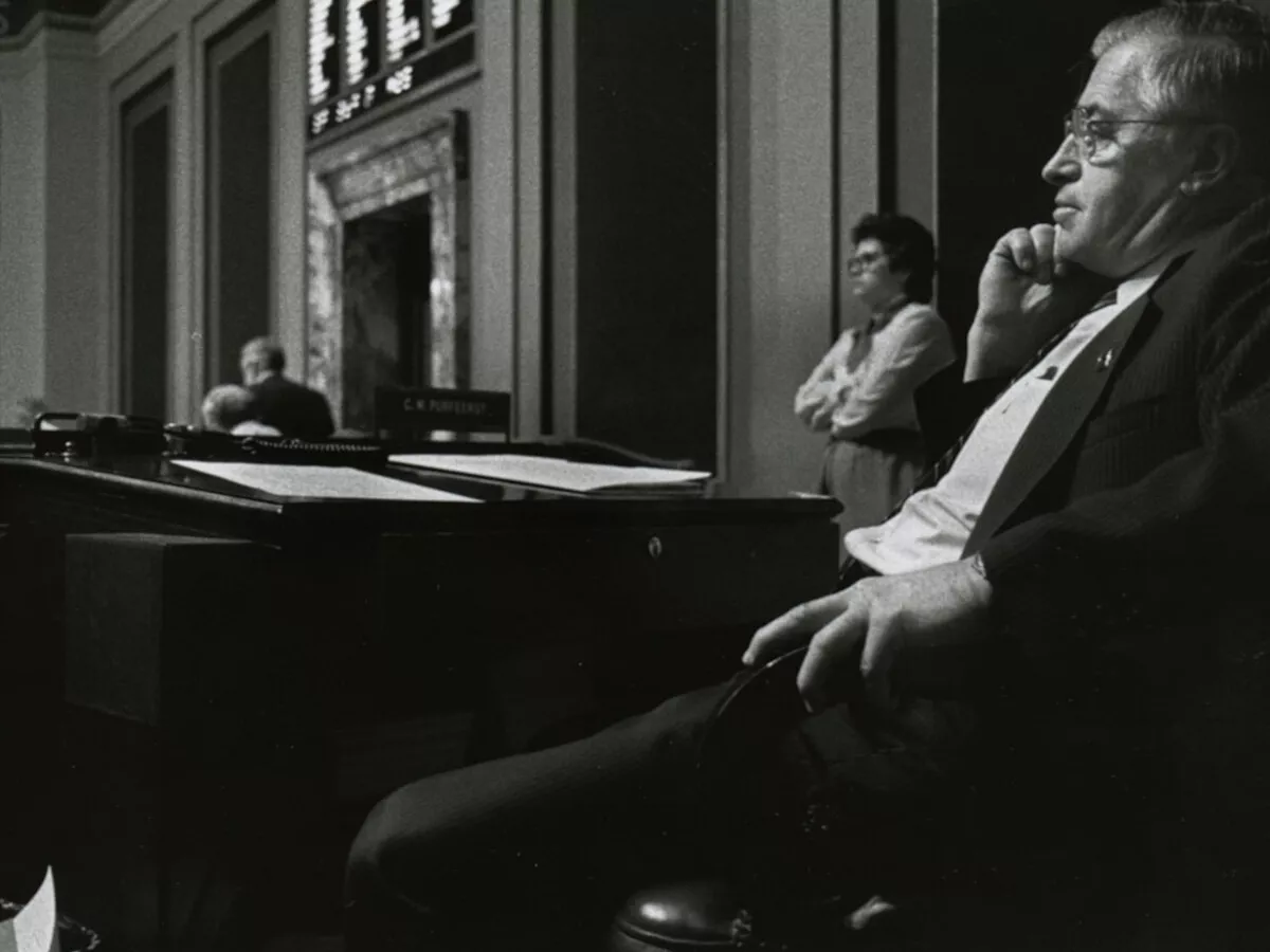 Representative image: Senator Clarence Purfeerst listens to floor debate in the Senate Chamber, St. Paul, Minnesota. For biographical information, see the Minnesota Legislative Reference Library database at: Purfeerst, Clarence M.: http://www